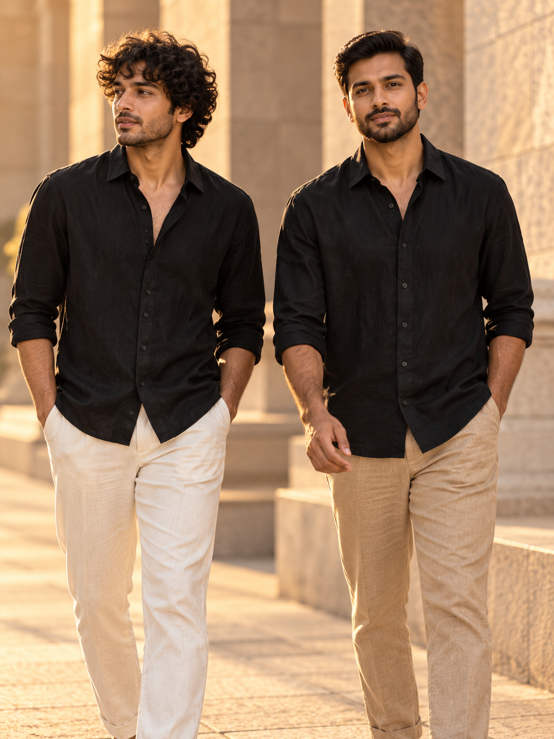 Aura Duo Combo – Black and Black Two Indian male models wearing black linen shirts