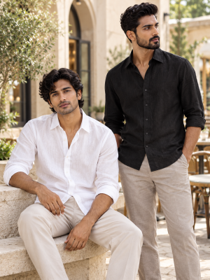 Two Indian male models in black and white linen shirts at an outdoor cafe
