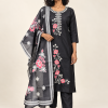 Black rose embroidered suit on a consistent female model, pose 1