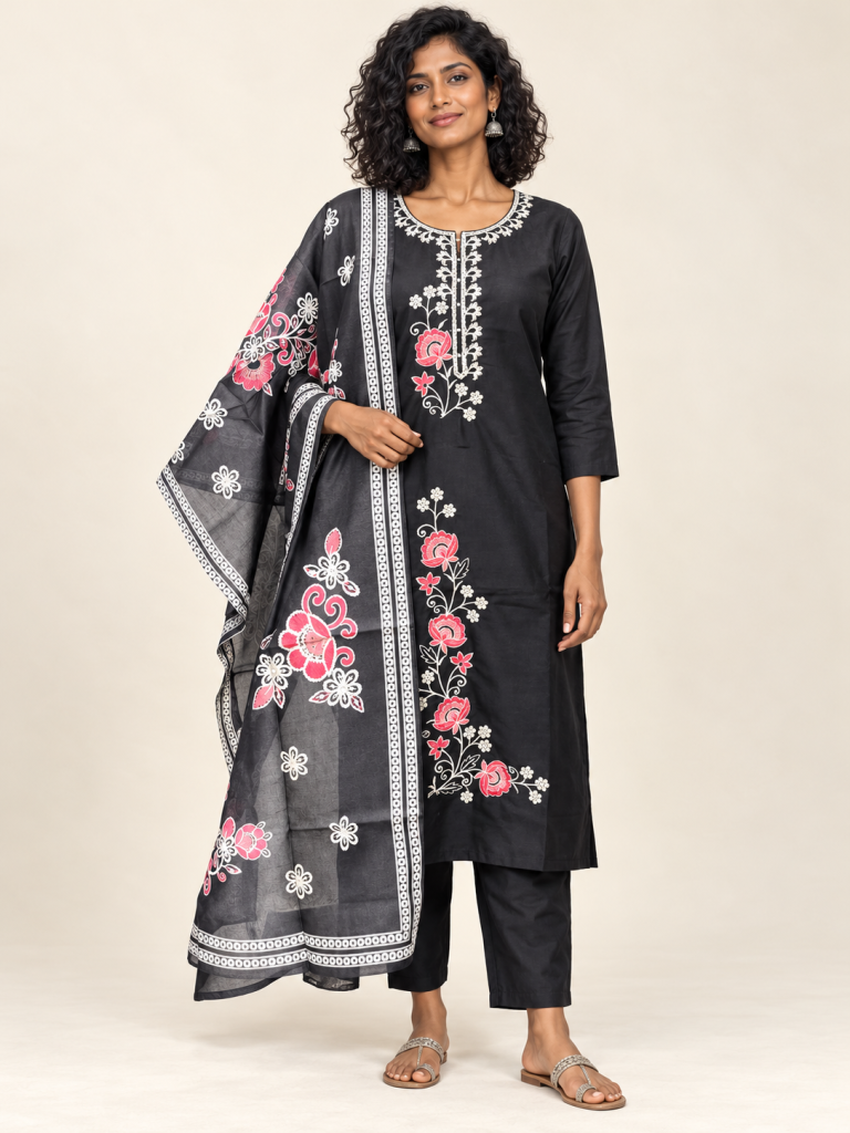 Black rose embroidered suit on a consistent female model, pose 1
