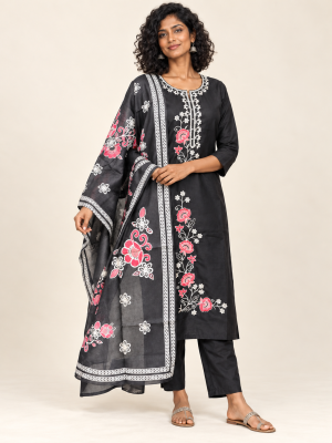 Black rose embroidered suit on a consistent female model, pose 2