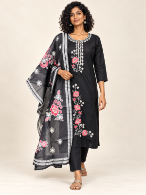 Black rose embroidered suit on a consistent female model, pose 3