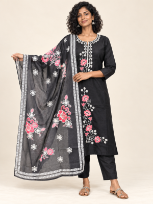 Black rose embroidered suit on a consistent female model, pose 5