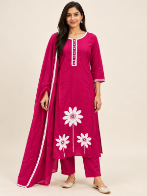 Fuchsia Floral Embroidered Suit Set on the same female model, pose 1