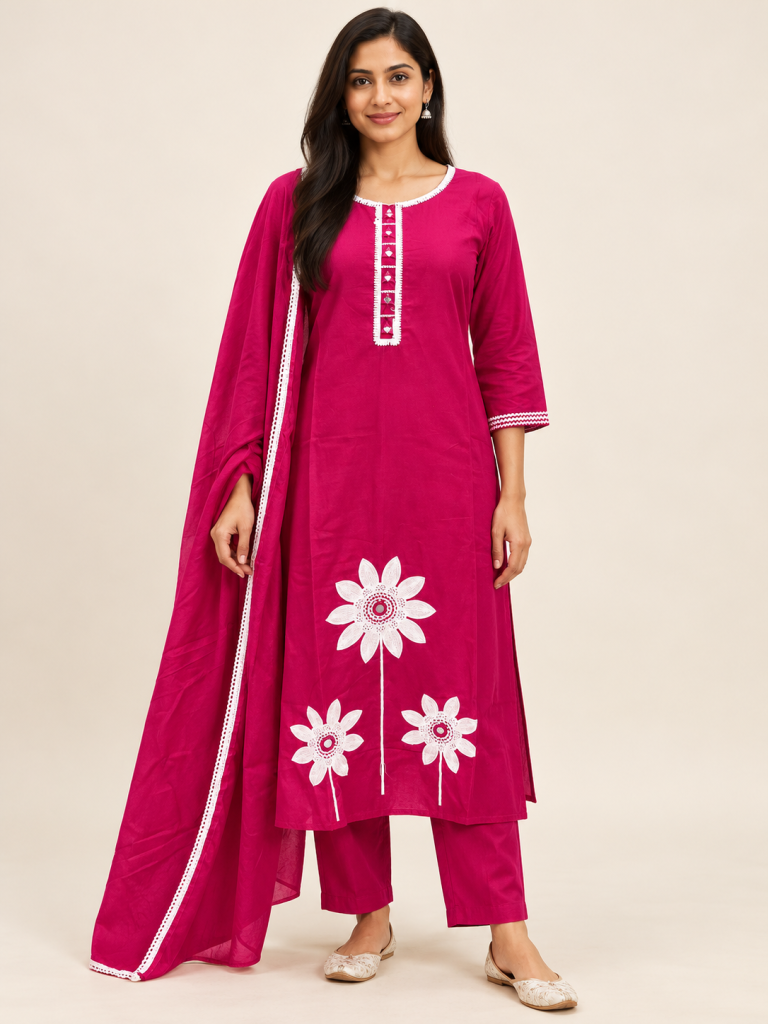Fuchsia Floral Embroidered Suit Set on the same female model, pose 1