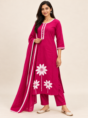 Fuchsia Floral Embroidered Suit Set on the same female model, pose 2