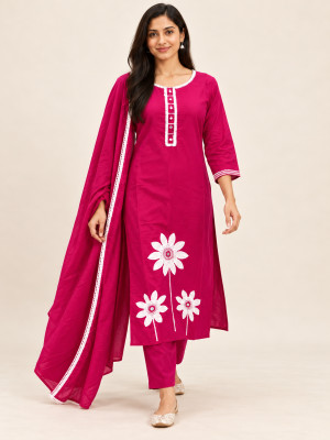 Fuchsia Floral Embroidered Suit Set on the same female model, pose 3