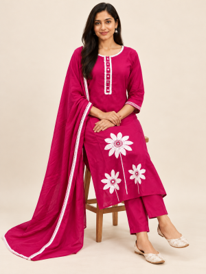 Fuchsia Floral Embroidered Suit Set on the same female model, pose 4
