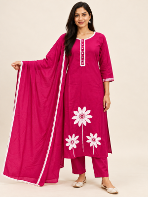 Fuchsia Floral Embroidered Suit Set on the same female model, pose 5