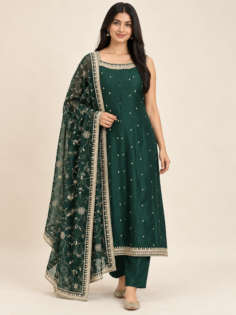 Green Embellished Suit Set model product image 1