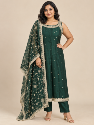 Green Embellished Suit Set model product image 2