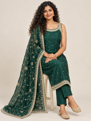 Green Embellished Suit Set model product image 4