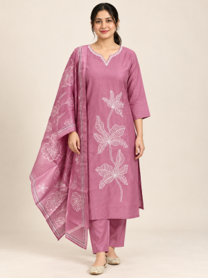 Mauve floral embroidered suit on a consistent female model, pose 1