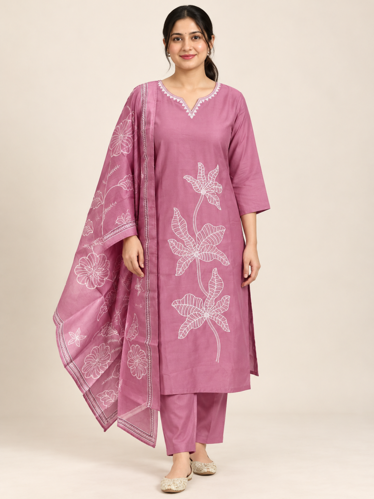 Mauve floral embroidered suit on a consistent female model, pose 1