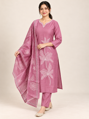 Mauve floral embroidered suit on a consistent female model, pose 2