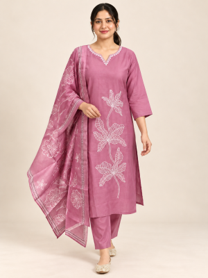 Mauve floral embroidered suit on a consistent female model, pose 3