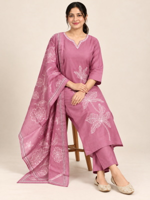Mauve floral embroidered suit on a consistent female model, pose 4