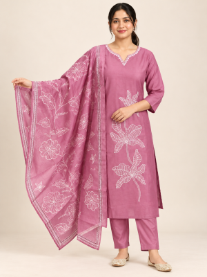 Mauve floral embroidered suit on a consistent female model, pose 5