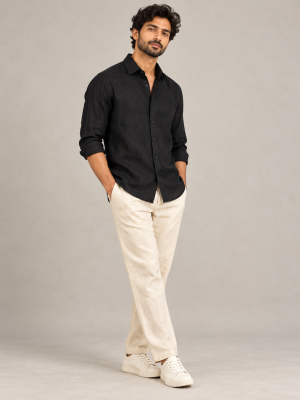 Indian male model wearing The Sky Aura black 100 percent linen shirt