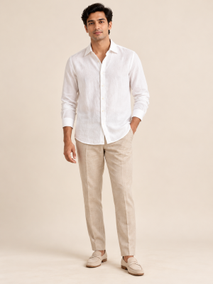 Indian male model wearing The Sky Aura white 100 percent linen shirt